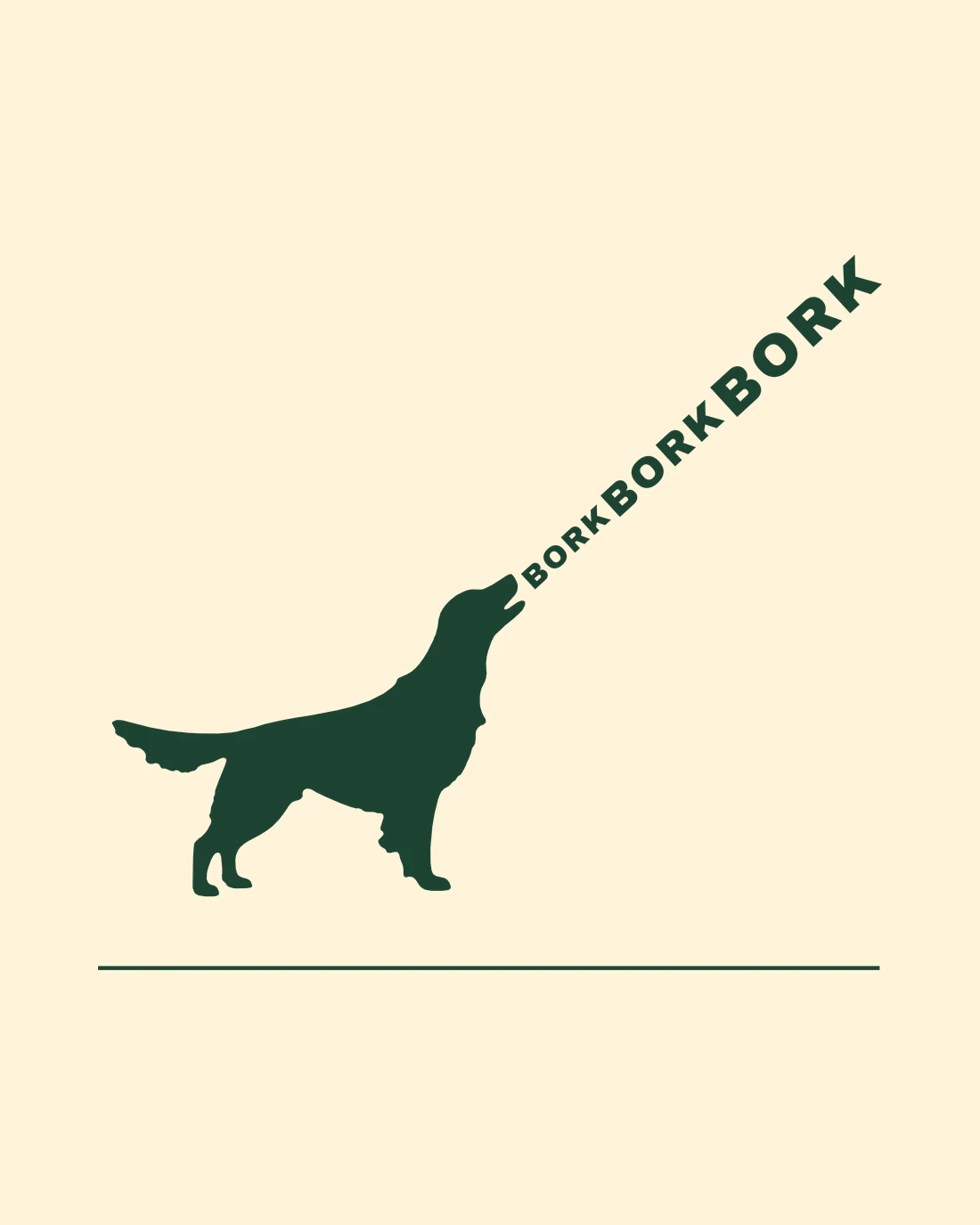 Bork Bork Bork: a dog with his head back and three borks climbing away, each larger than the last, over a single rule