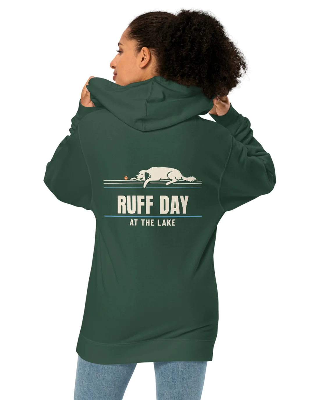 The Ruff Day at the Lake design on a hoodie, worn by a model, from the back.