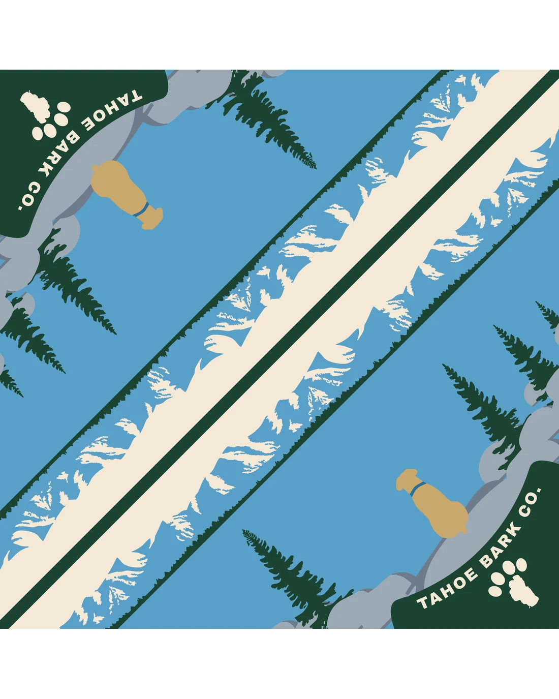 Lake Watch as it prints: on each half a golden retriever on a granite boulder looking across Lake Tahoe to the snowy Sierra, with TAHOE BARK CO. and the paw logo underneath