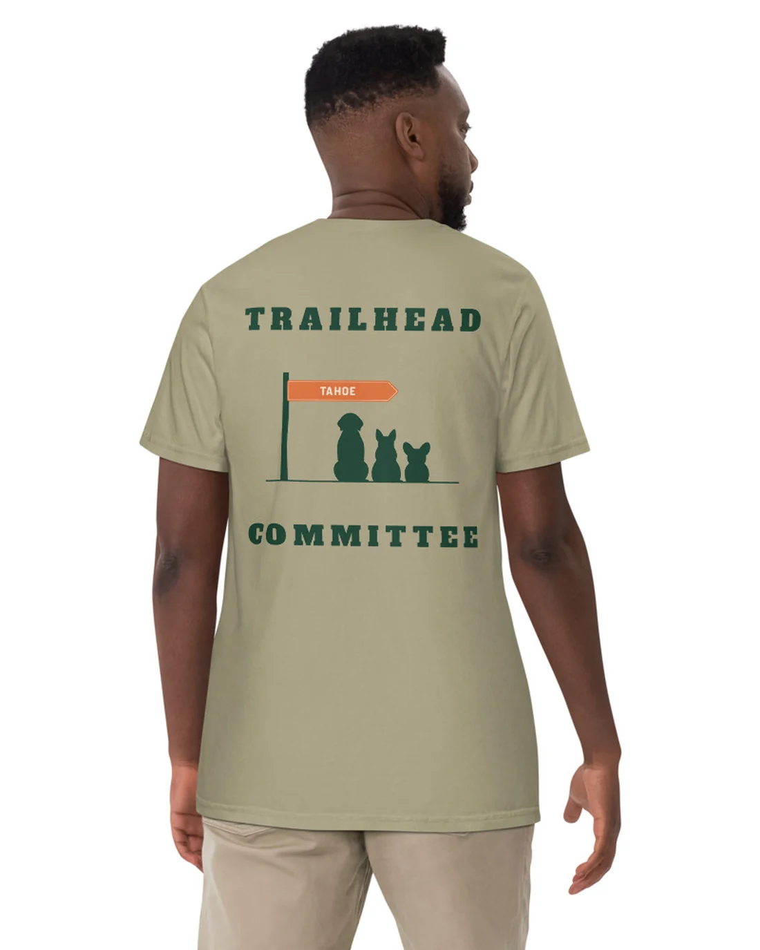 The back of the Trailhead Committee tee, worn by a second model.