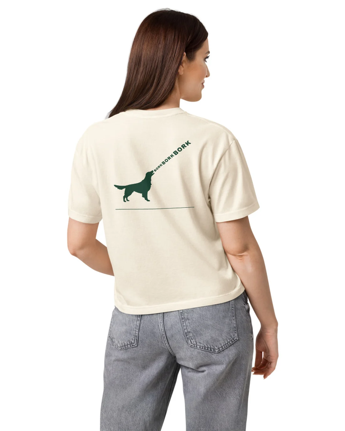 The back of the Bork Bork Bork women&rsquo;s fit tee, worn by a model.