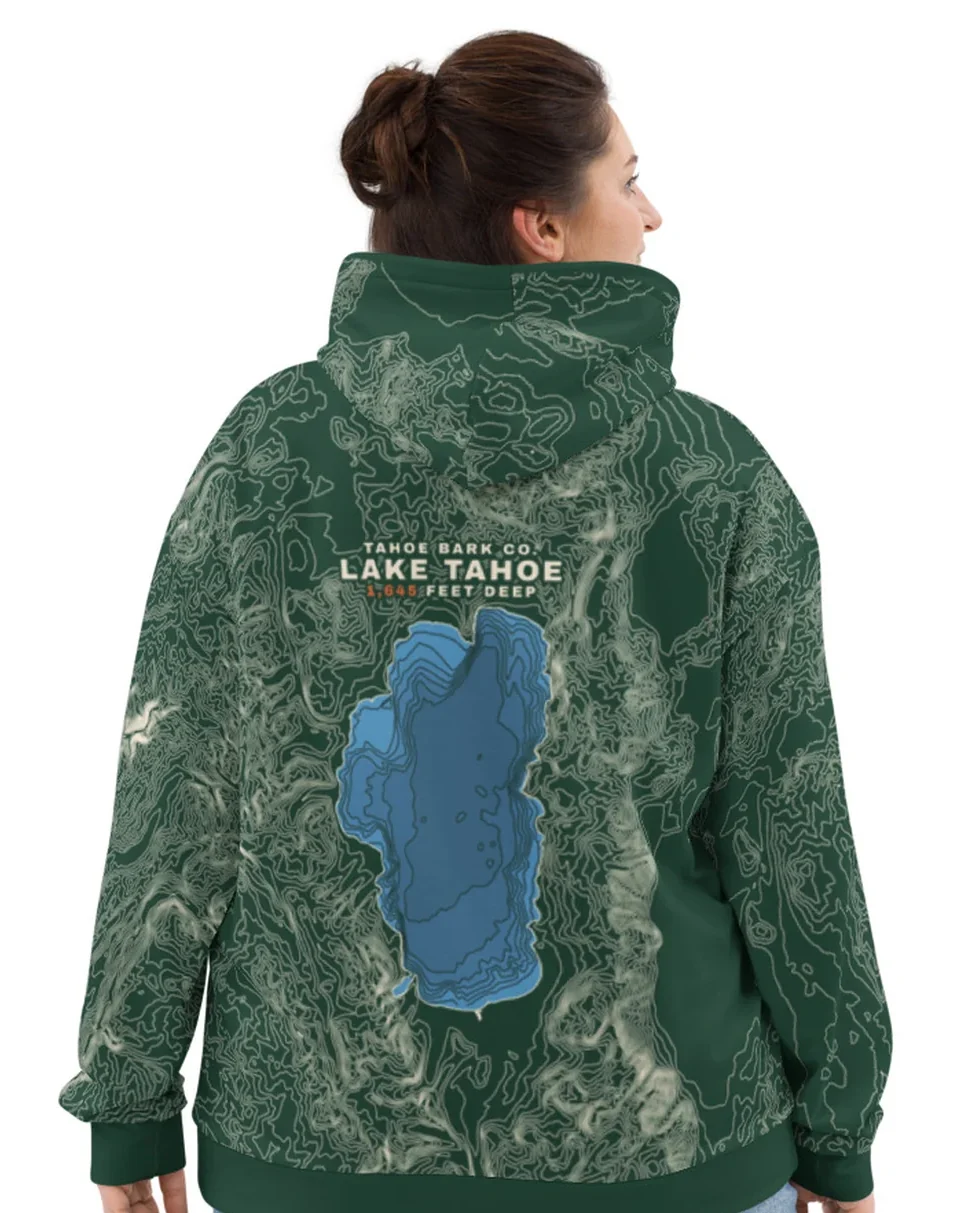 The 1,645 Feet Deep design on a hoodie, worn by a model, from the back.