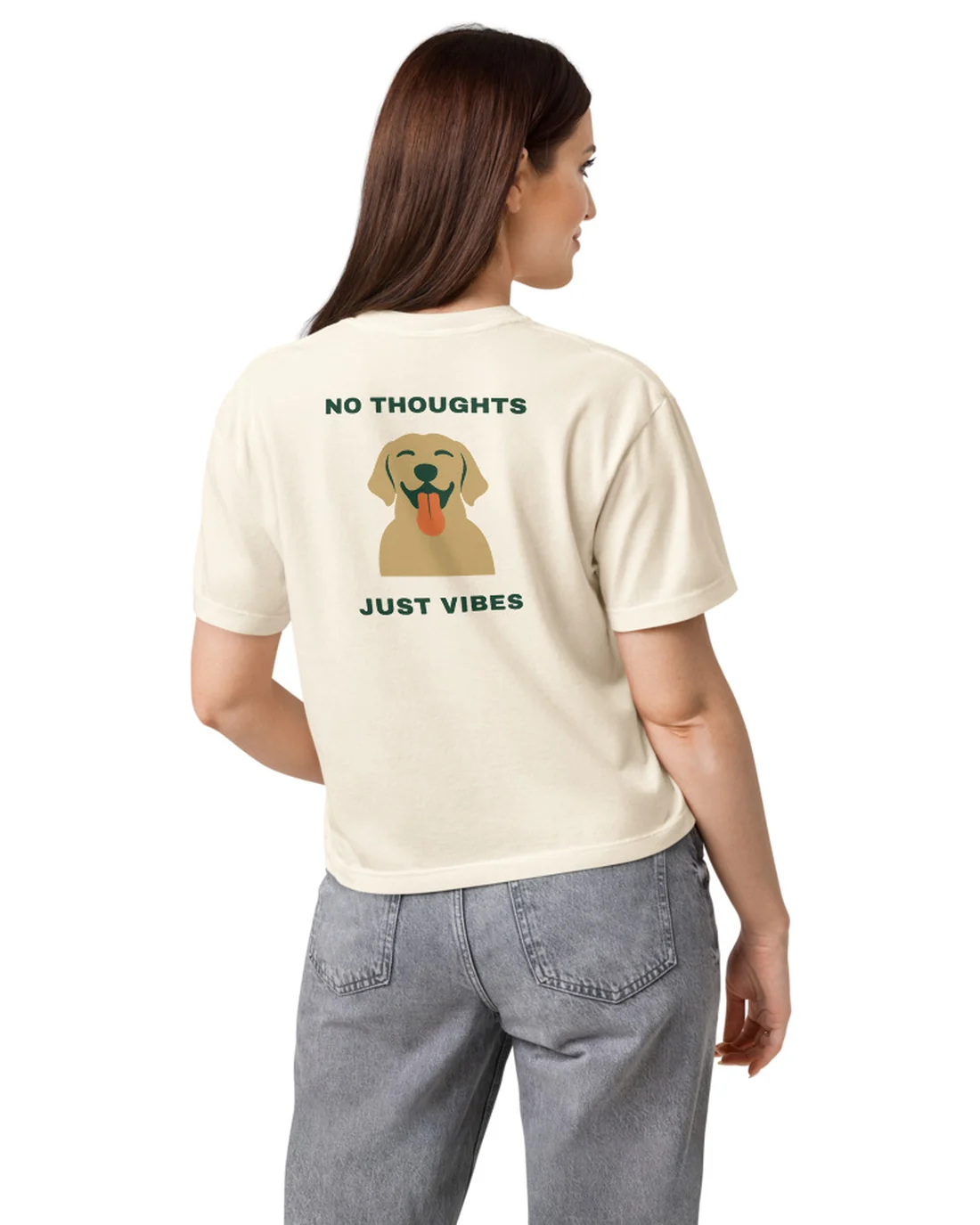 The back of the No Thoughts Just Vibes women&rsquo;s fit tee, worn by a model.
