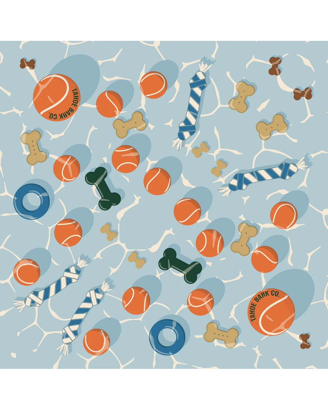 The Shallows as it prints: tennis balls, biscuits, bone treats, tug ropes and rubber toys in sunlit shallow water on pale blue, with TAHOE BARK CO. around a big tennis ball