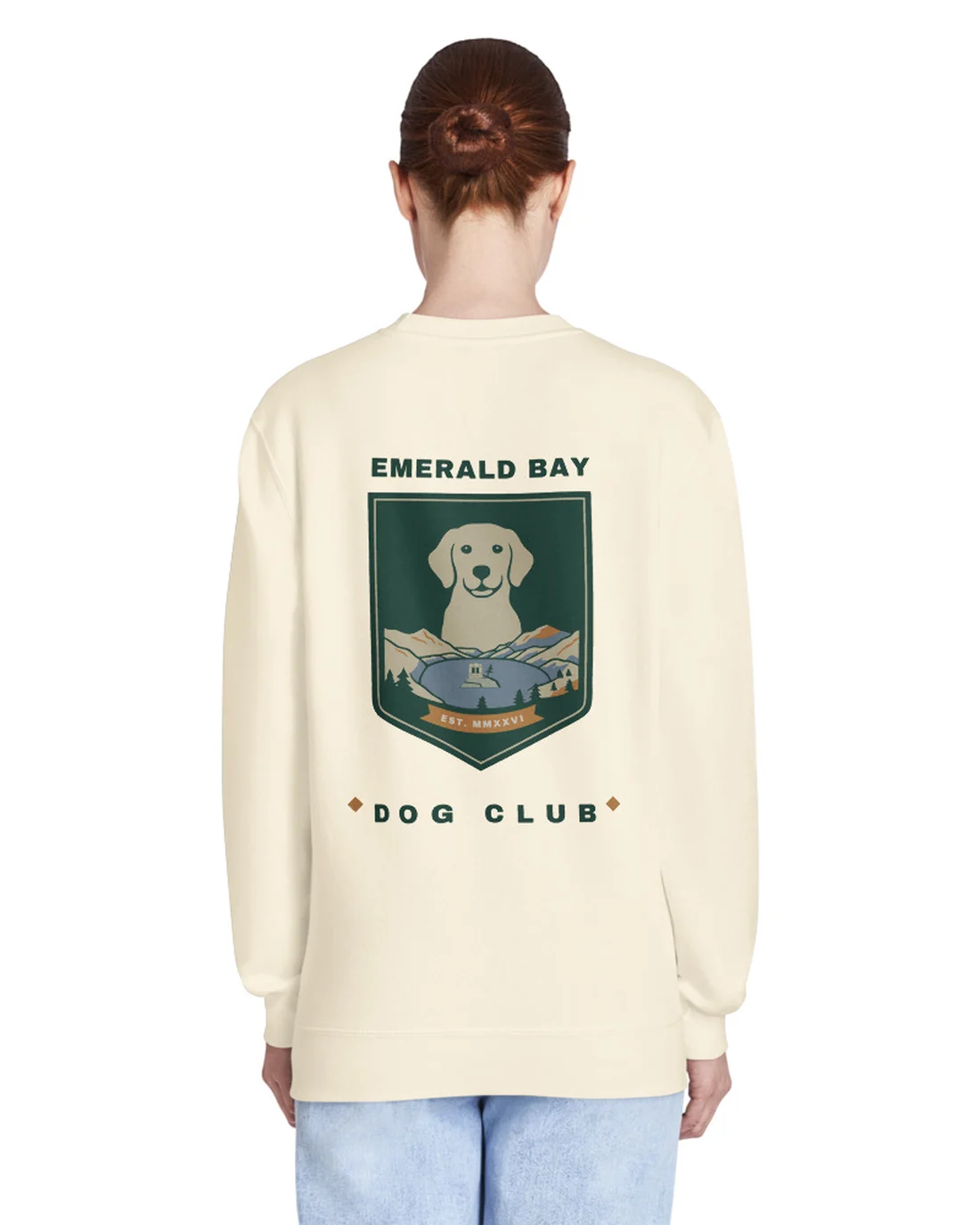 The Emerald Bay Dog Club design on a crewneck, worn by a model, from the back.