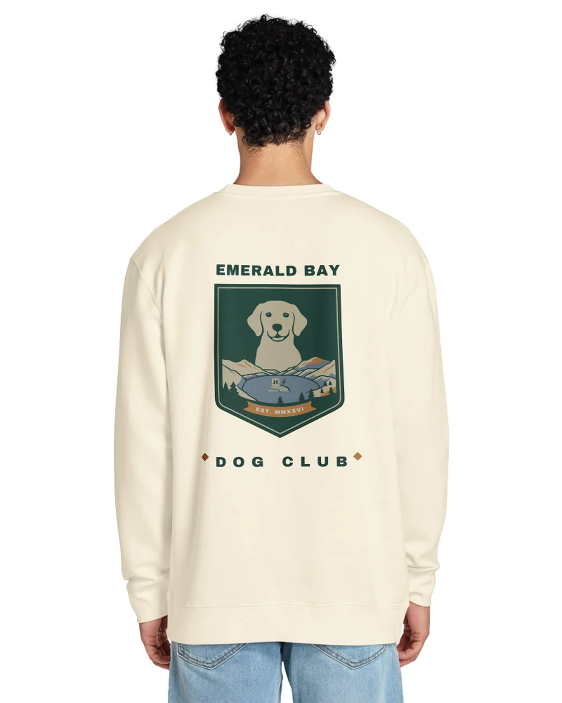 The back of the Emerald Bay Dog Club crewneck, worn by a second model.