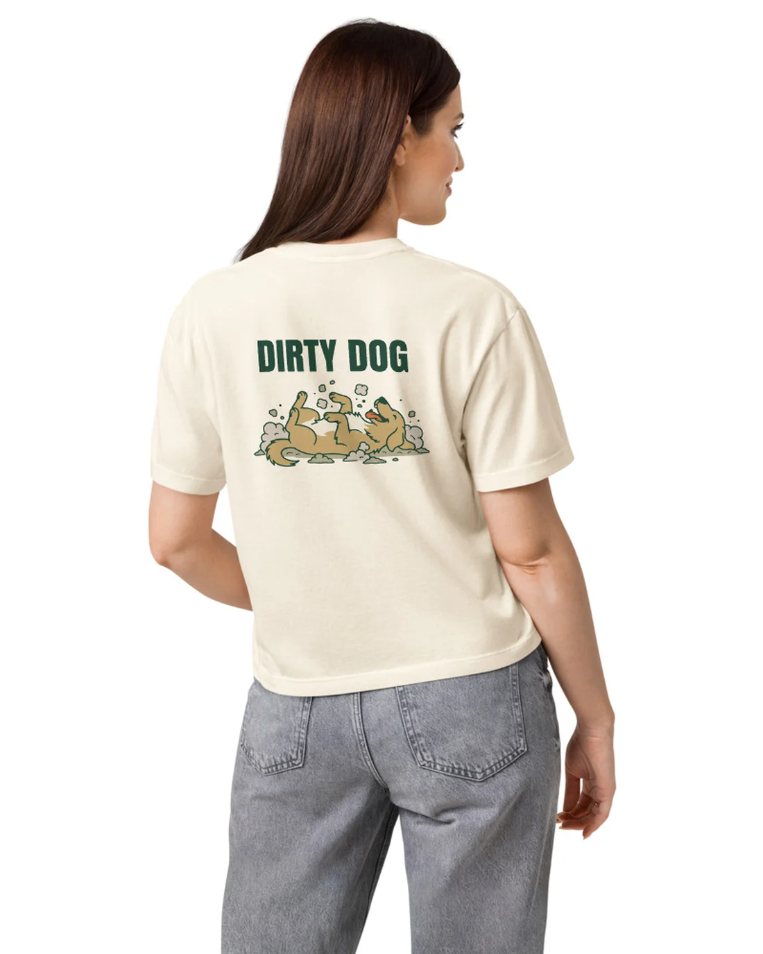 The back of the Dirty Dog women&rsquo;s fit tee, worn by a model.