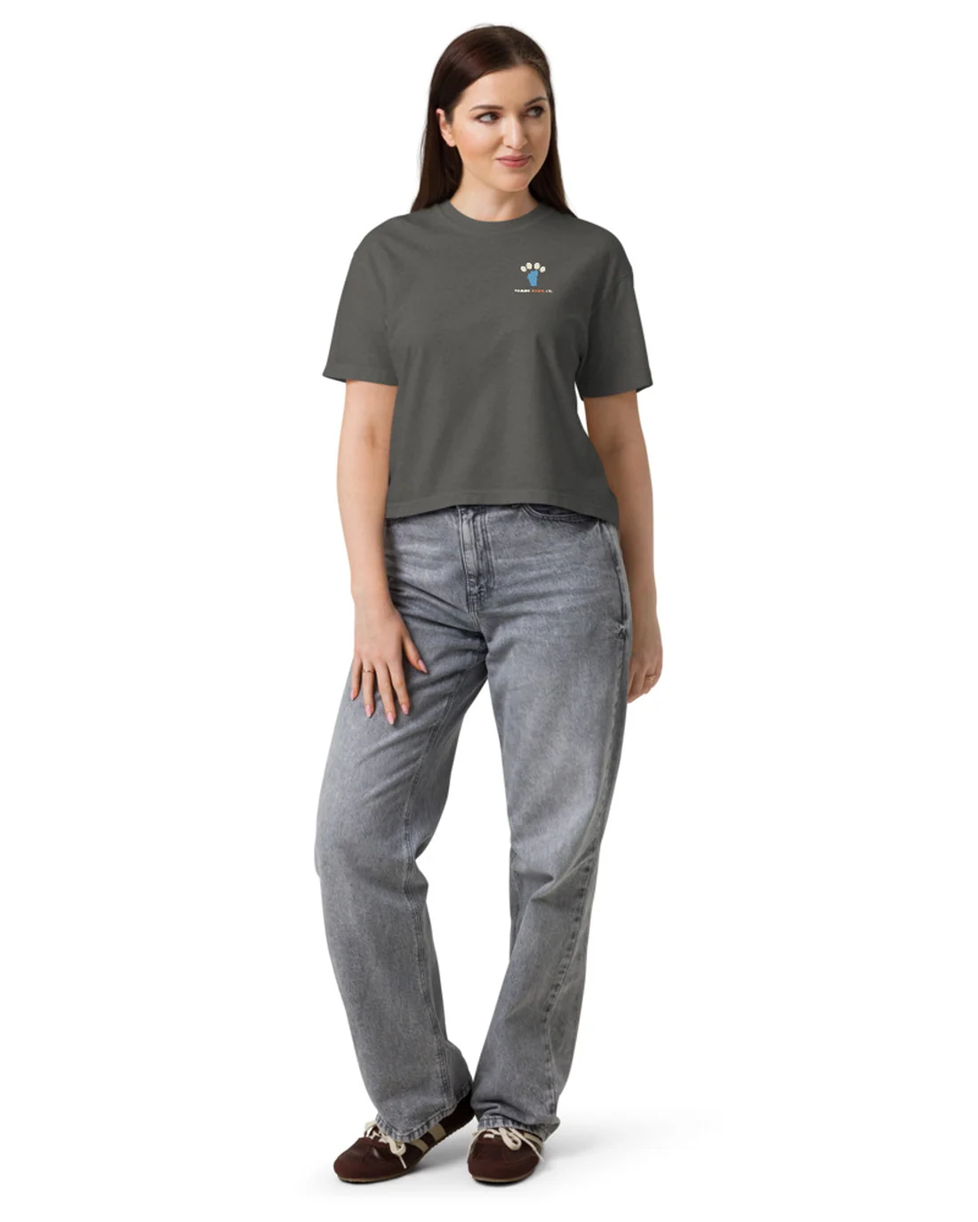 The front of the Powder Hound women&rsquo;s fit tee, worn by a model, with the Tahoe Bark Co. logo at the heart.