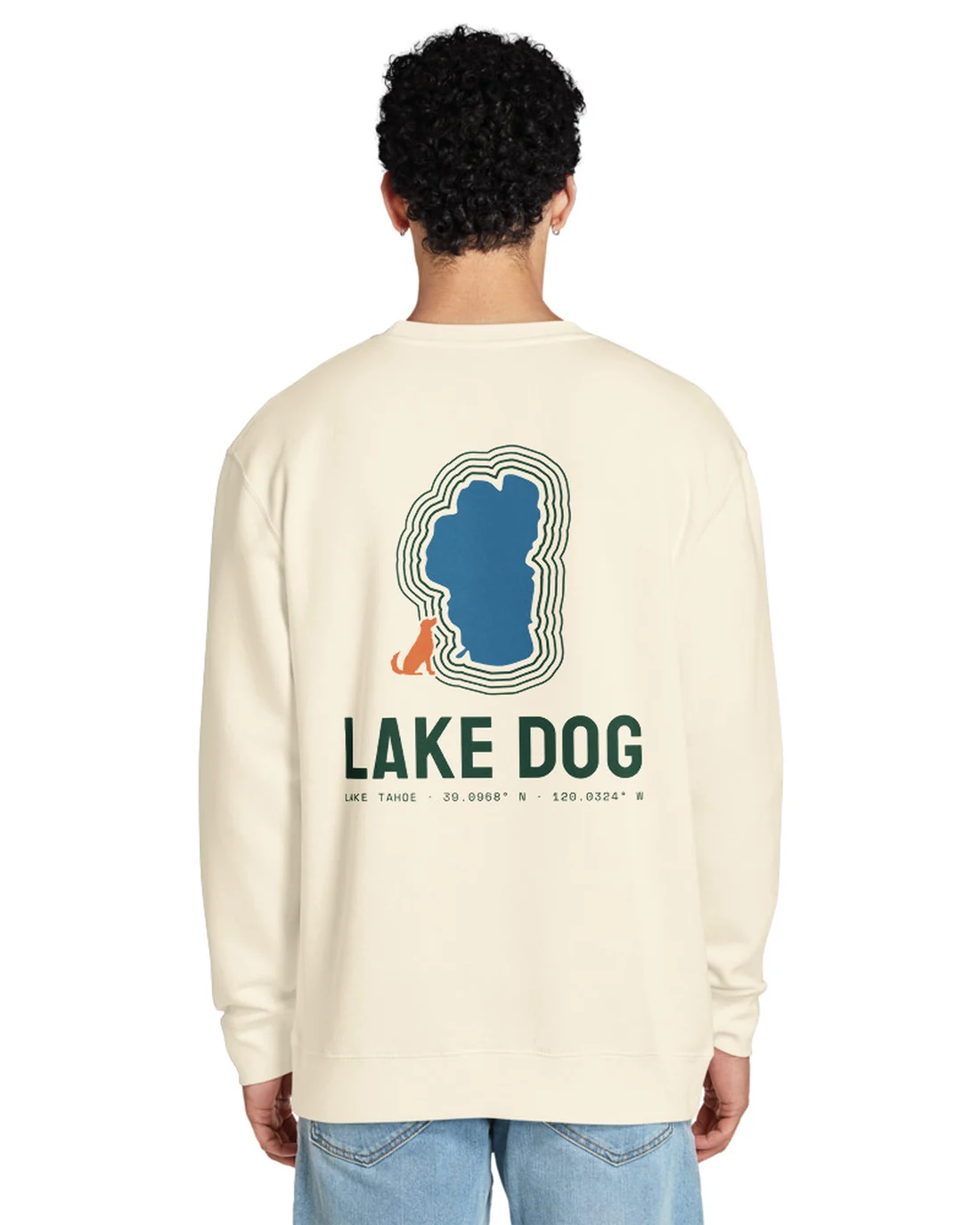 The Lake Dog design on a crewneck, worn by a model, from the back.