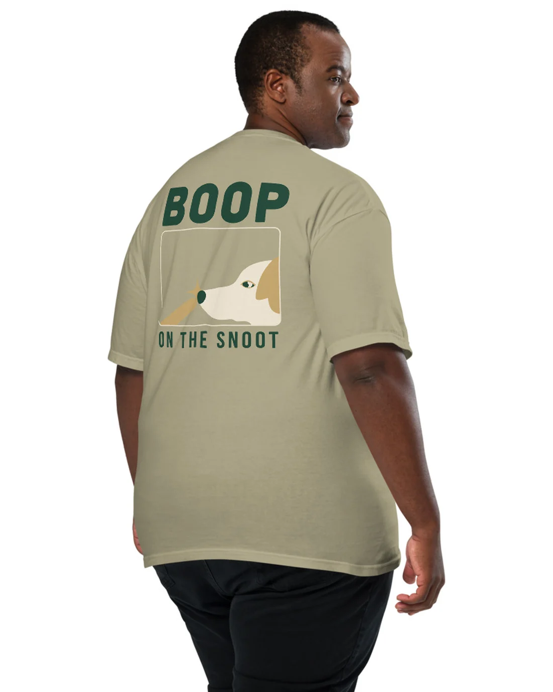 The Boop on the Snoot design on a tee, worn by a model, from the back.