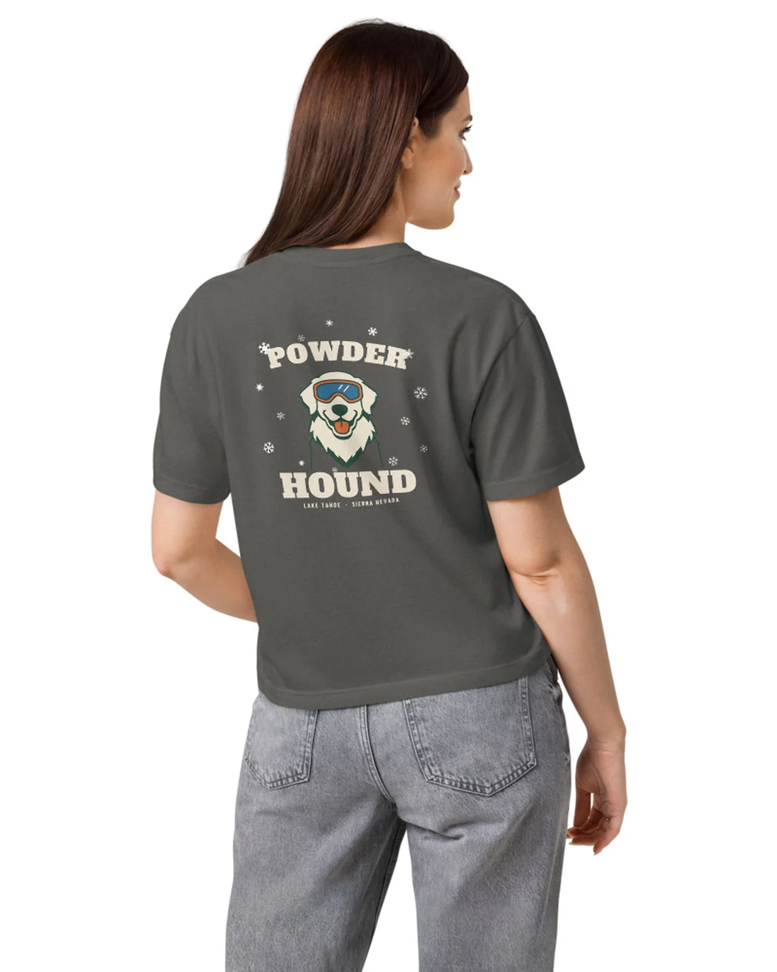 The back of the Powder Hound women&rsquo;s fit tee, worn by a model.