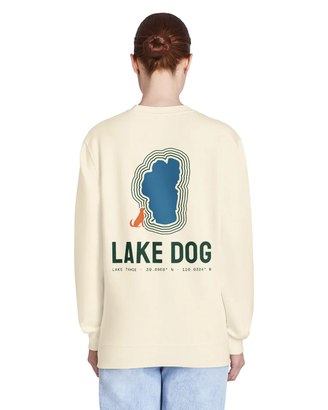 The back of the Lake Dog crewneck, worn by a second model.