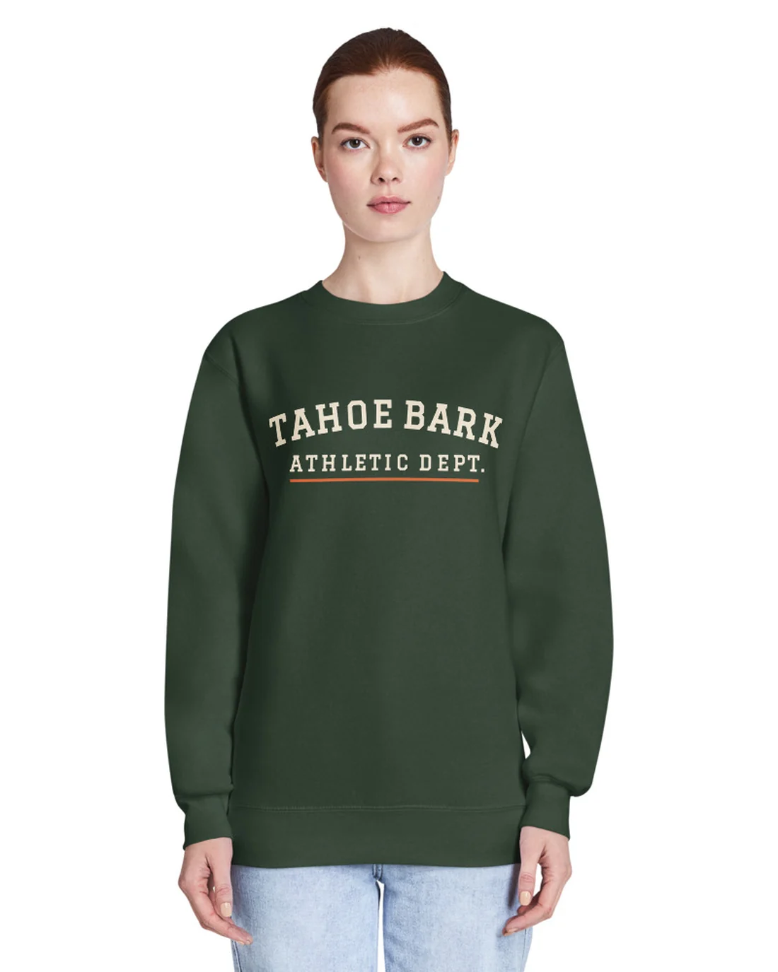 The Tahoe Bark Athletic Dept. design on a crewneck, worn by a model.