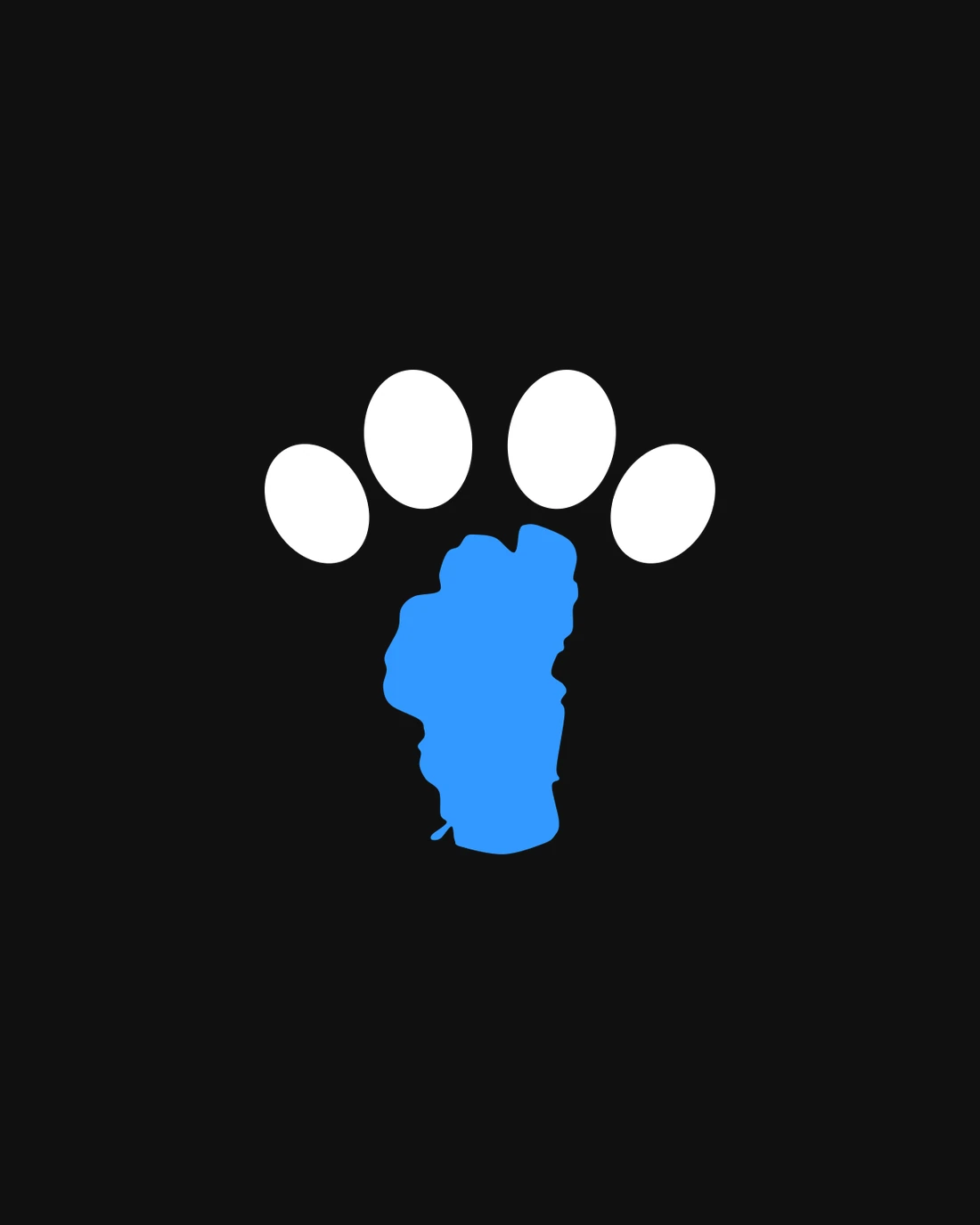 The Tahoe Bark Co paw-lake mark as stitched: four white toe beans over the outline of Lake Tahoe in lake blue, on black