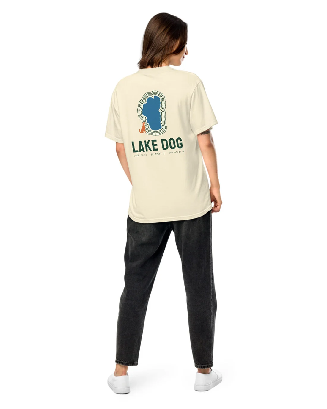 The back of the Lake Dog tee, worn by a second model.