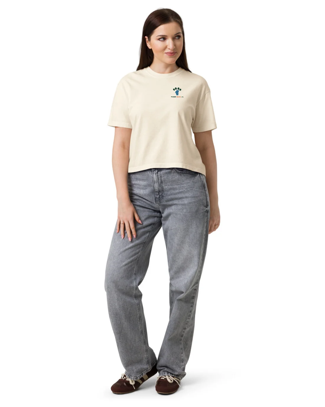 The front of the A Treat A Day women&rsquo;s fit tee, worn by a model, with the Tahoe Bark Co. logo at the heart.