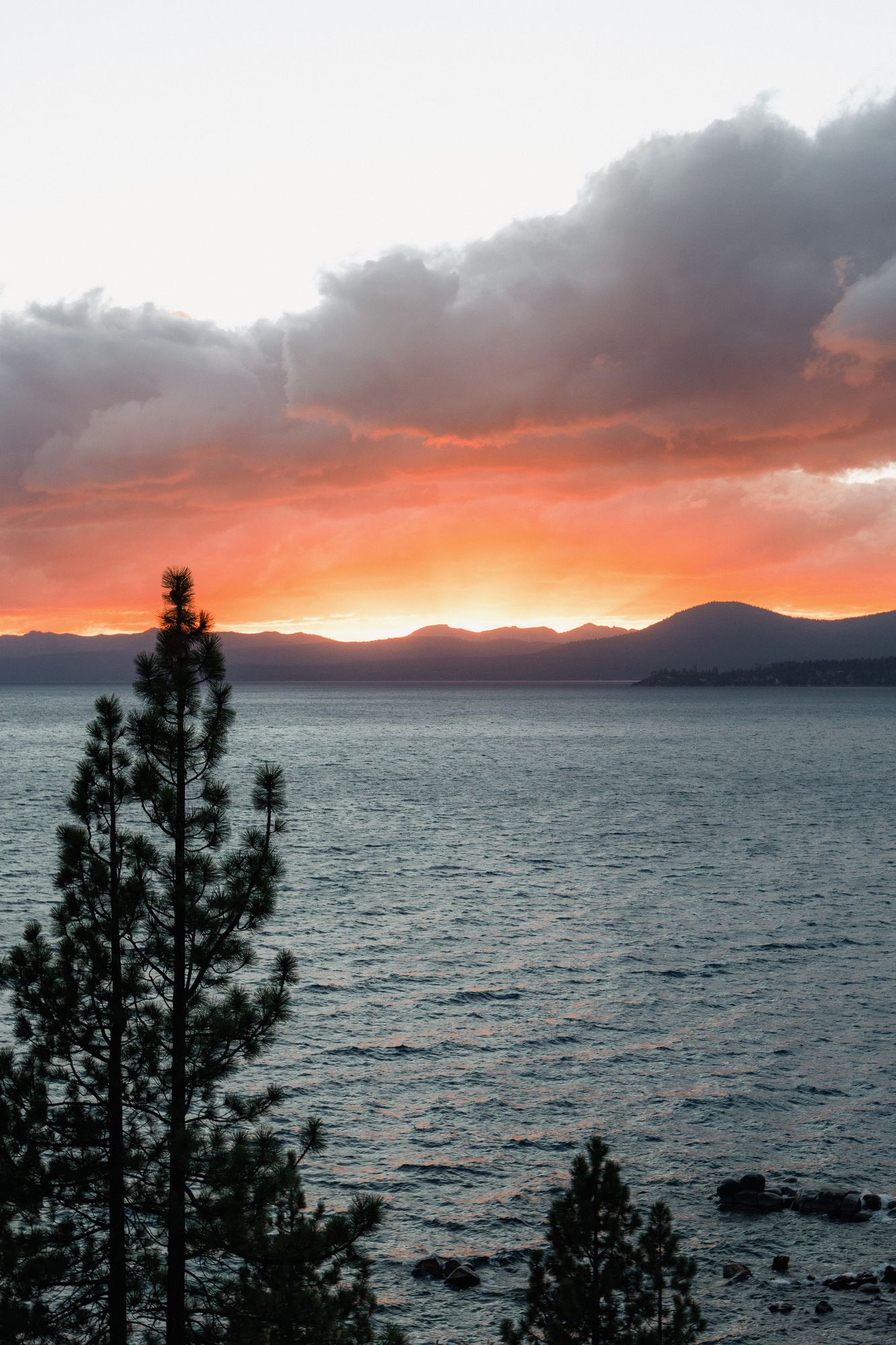 Sunset over Lake Tahoe seen through pines from the East Shore, boulders in the water below.
