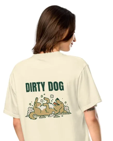 The Dirty Dog design on a tee, worn by a model, from the back.