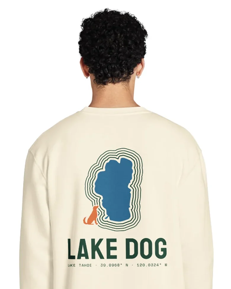 The Lake Dog design on a crewneck, worn by a model, from the back.
