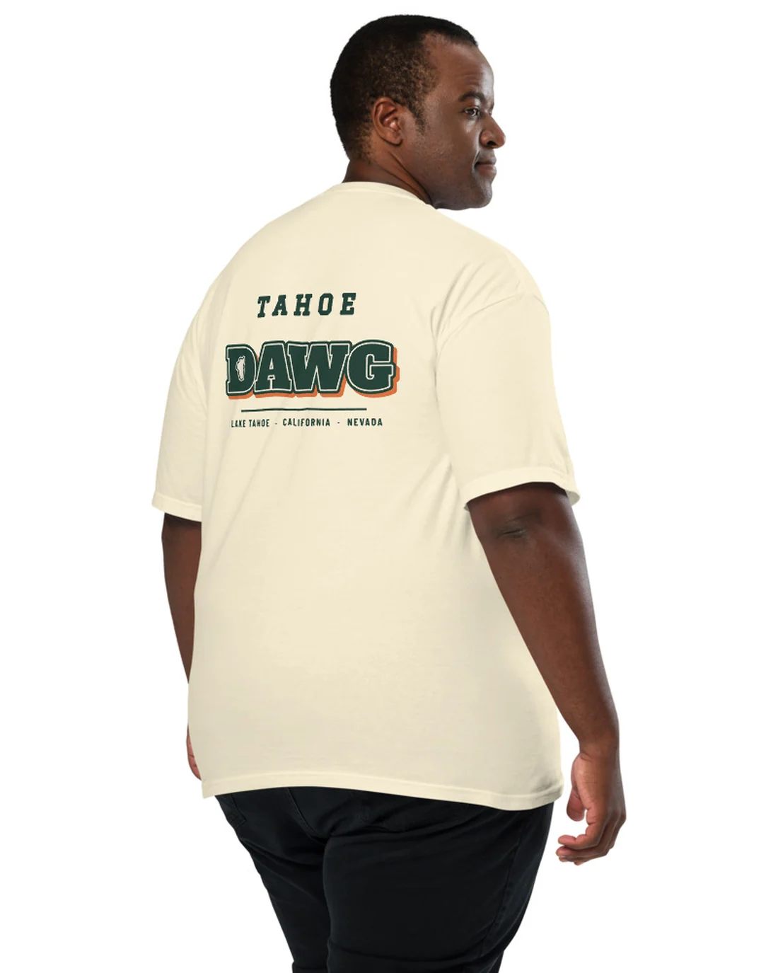 The Tahoe Dawg design on a tee, worn by a model, from the back.