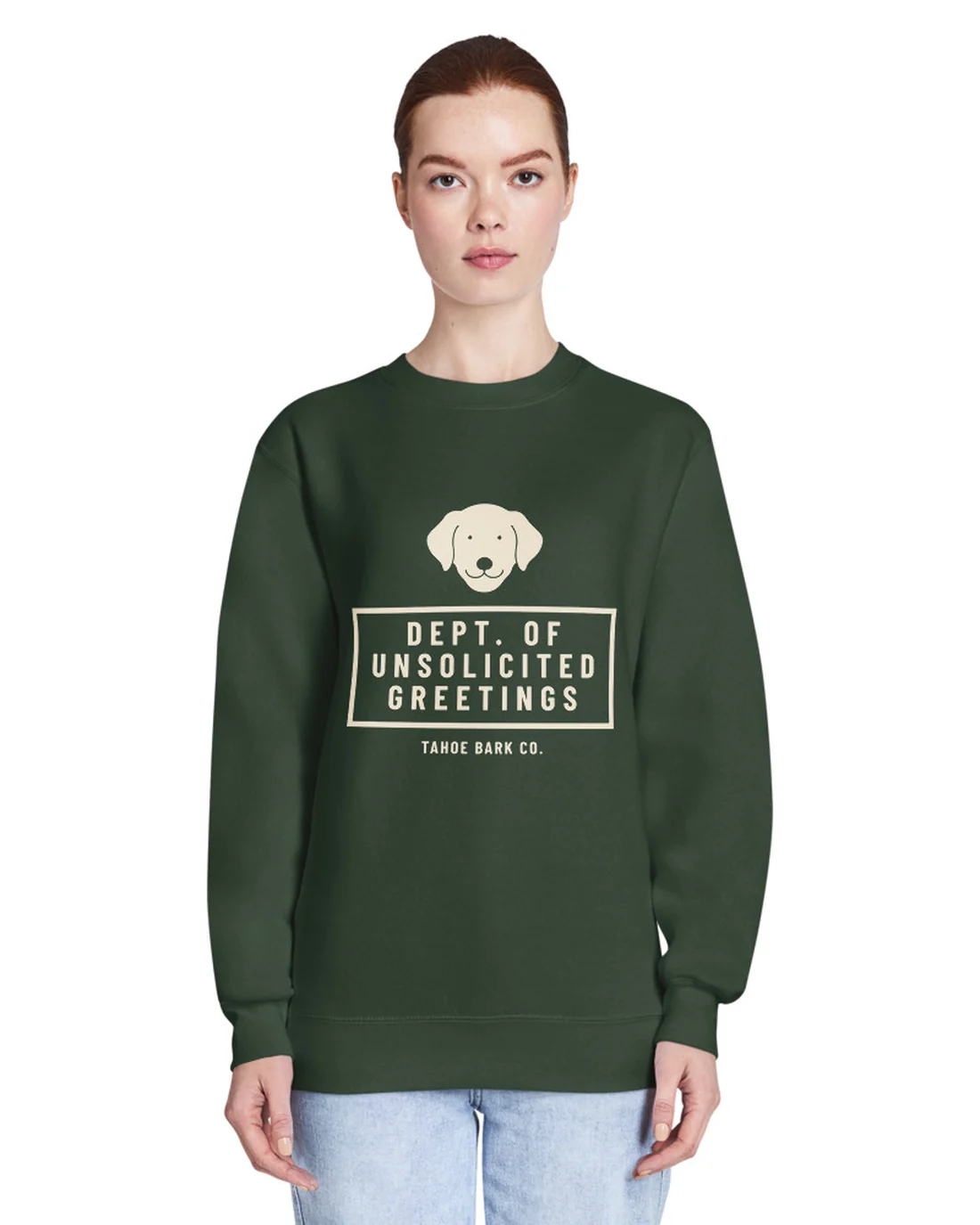 The Dept. of Unsolicited Greetings design on a crewneck, worn by a model.