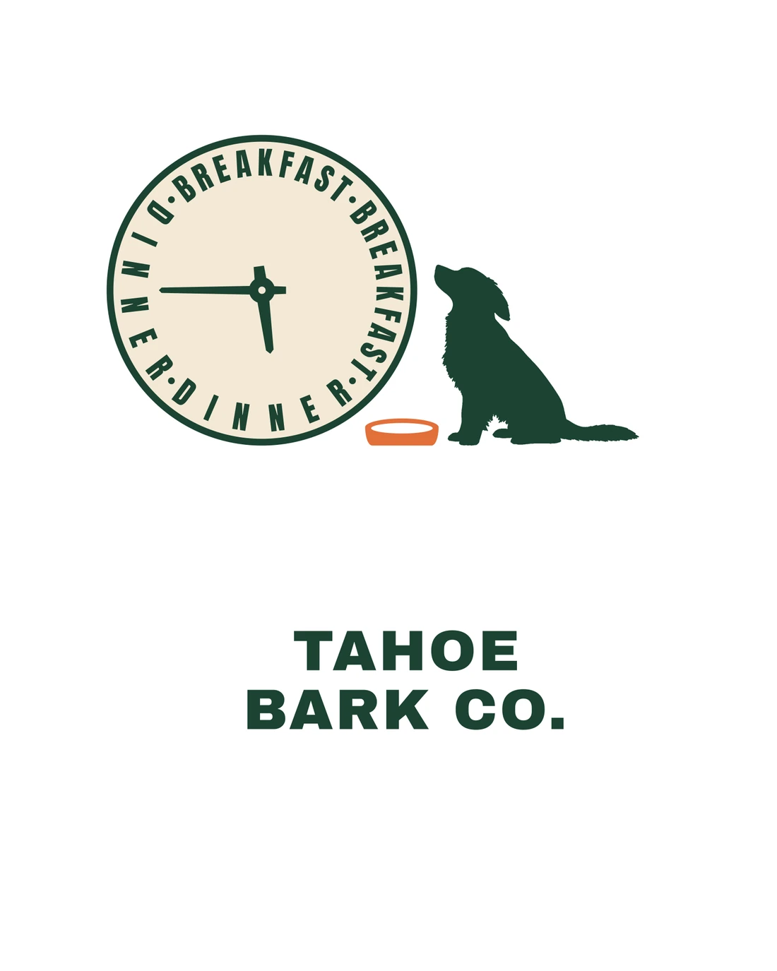 5:45 as it prints around the mug: a clock face ringed in pine with BREAKFAST, BREAKFAST, DINNER, DINNER and the hands at 5:45, a dog by an orange bowl, then TAHOE BARK CO. in pine