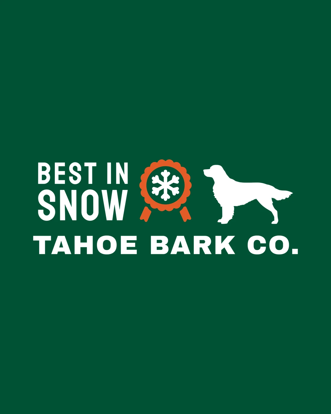 Best in Snow as stitched: BEST IN SNOW in white beside an orange show rosette with a white snowflake center, a white golden retriever facing it, and TAHOE BARK CO. along the bottom, on Spruce knit