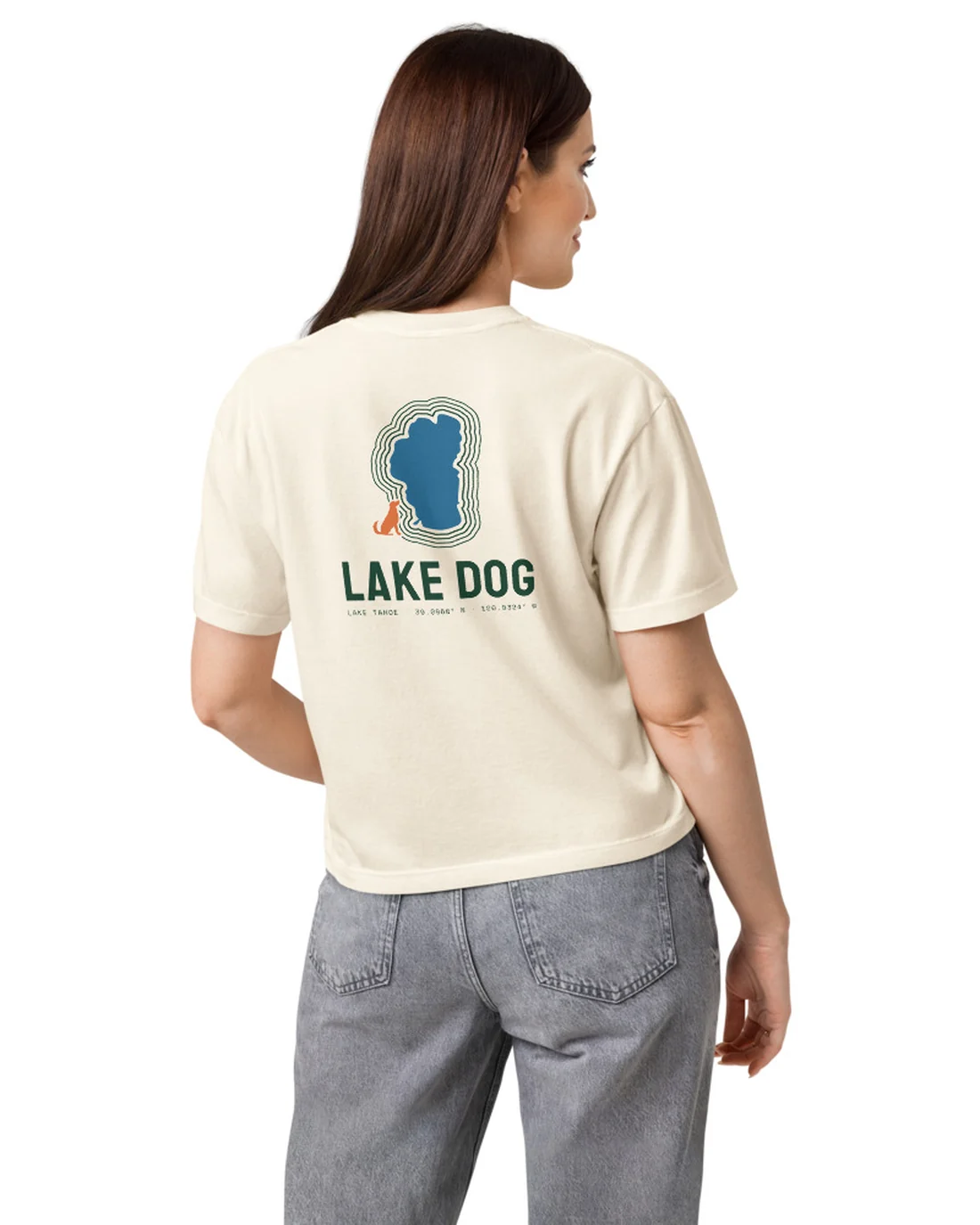 The back of the Lake Dog women&rsquo;s fit tee, worn by a model.