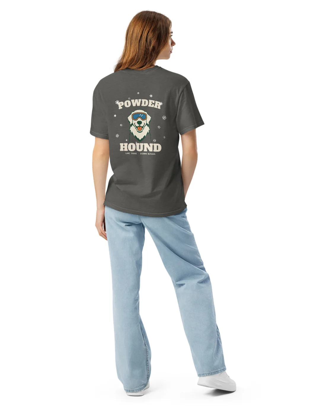 The back of the Powder Hound tee, worn by a second model.
