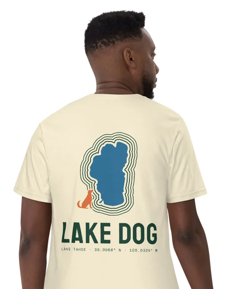 The Lake Dog design on a tee, worn by a model, from the back.