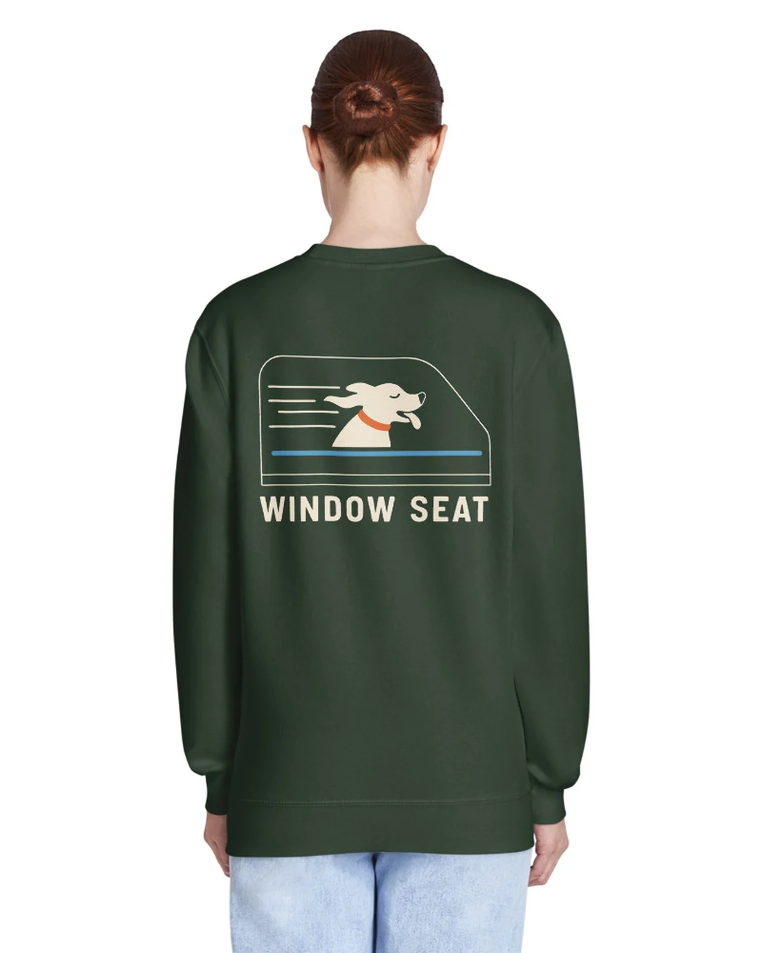 The back of the Window Seat crewneck, worn by a second model.