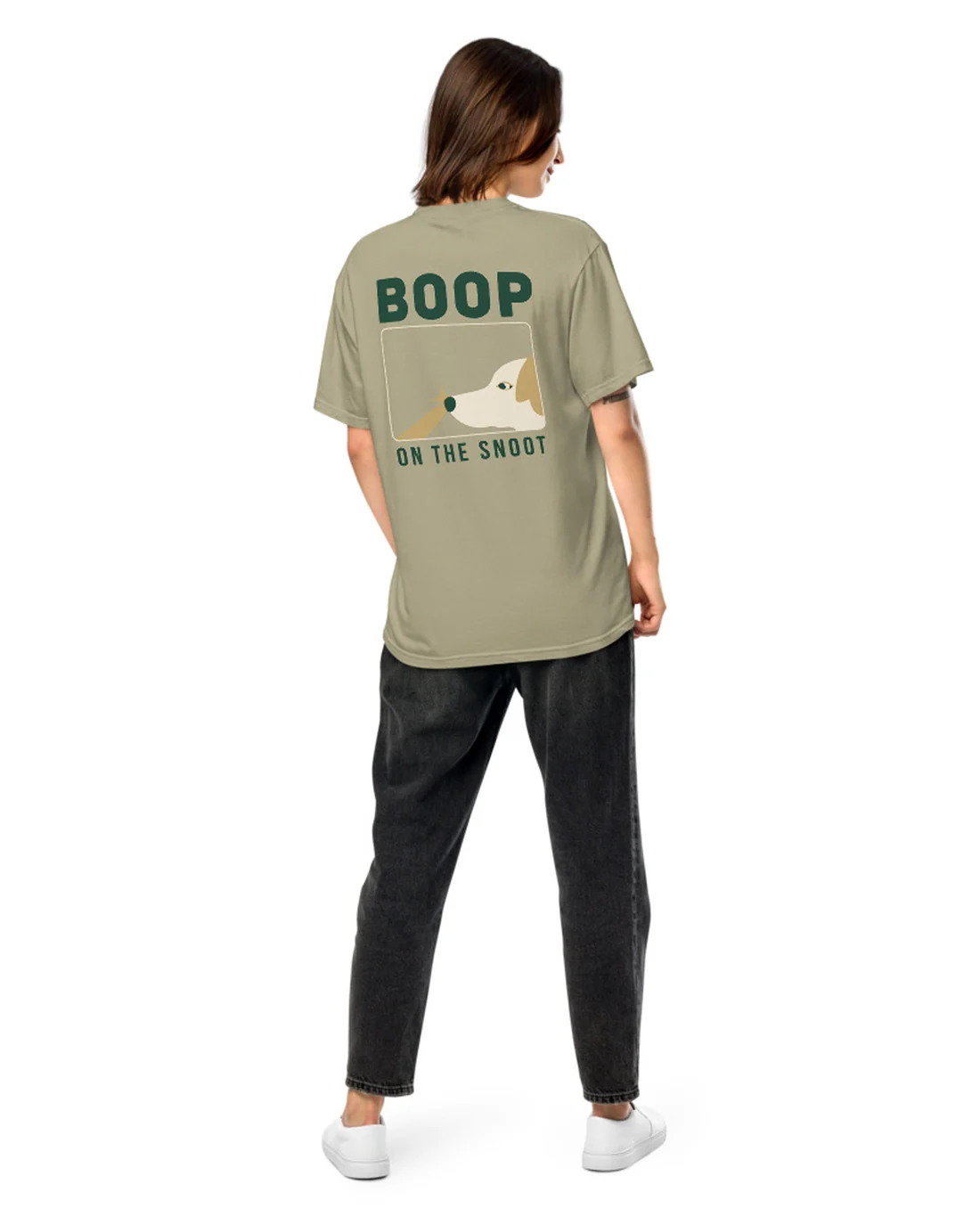 The back of the Boop on the Snoot tee, worn by a second model.