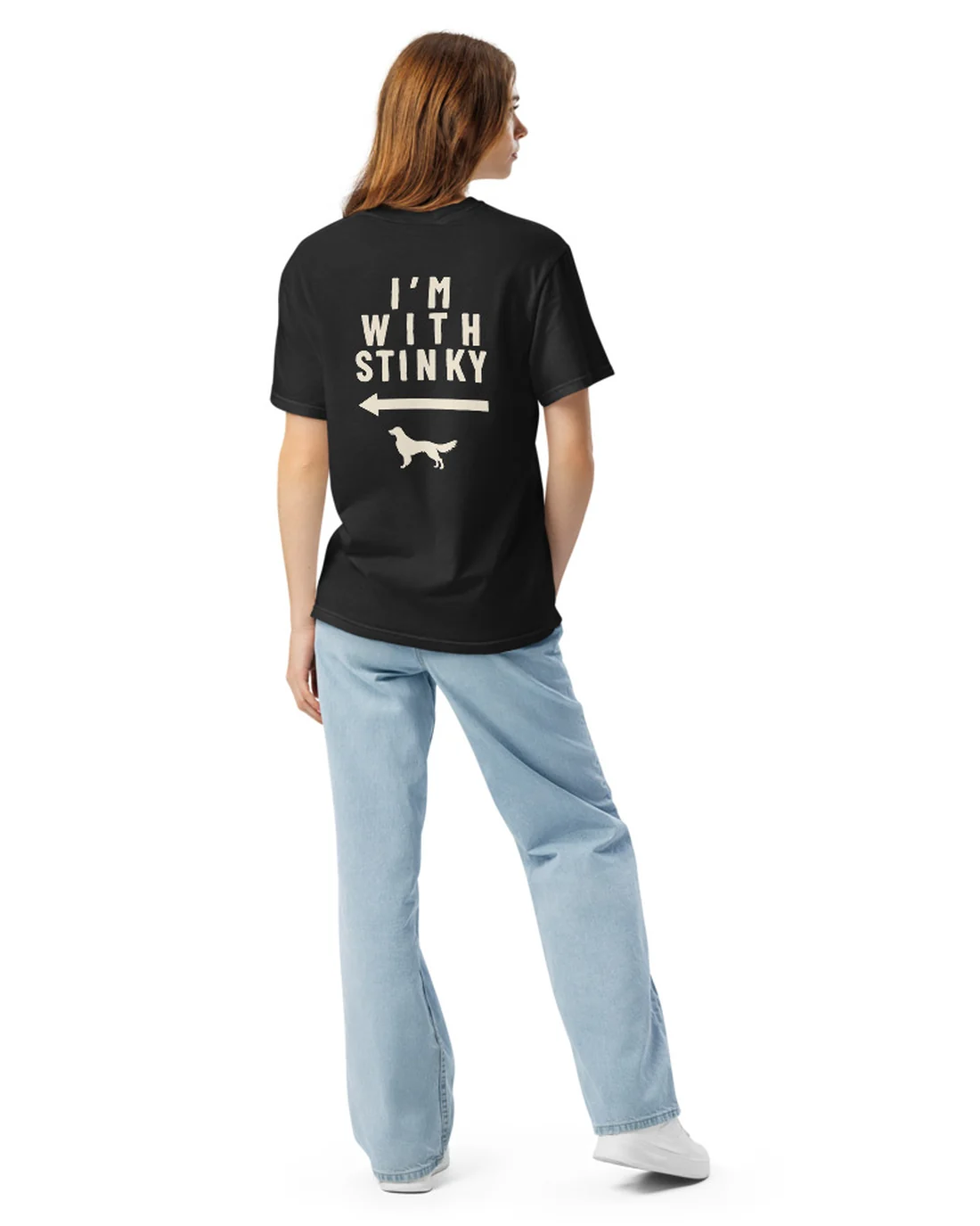 The back of the I'm With Stinky tee, worn by a second model.