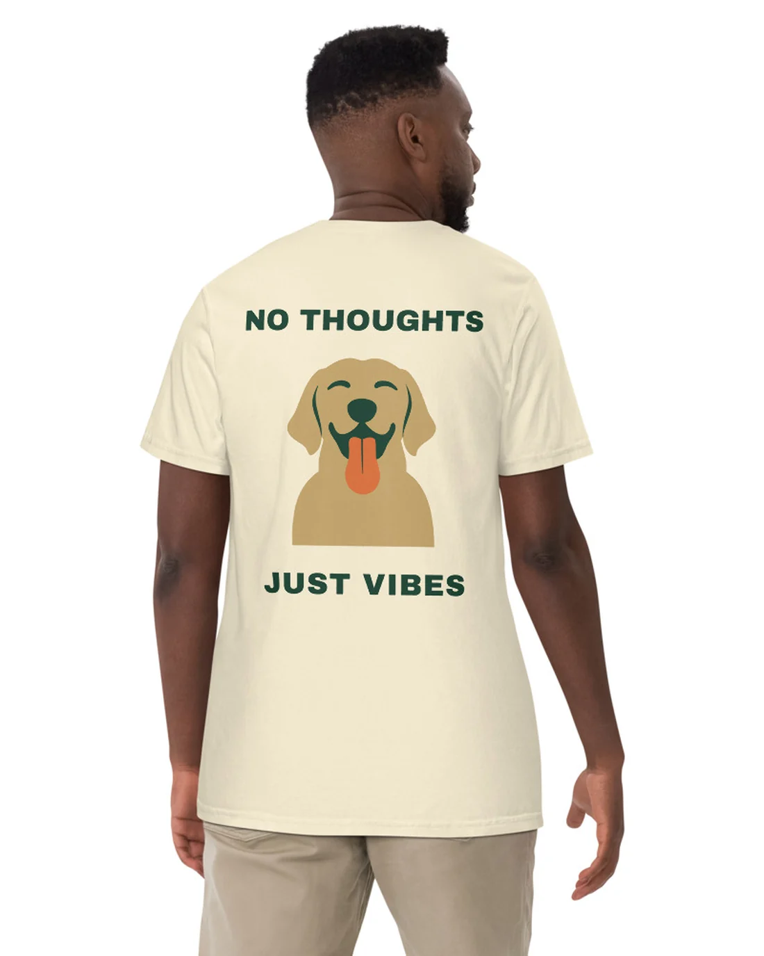 The No Thoughts Just Vibes design on a tee, worn by a model, from the back.