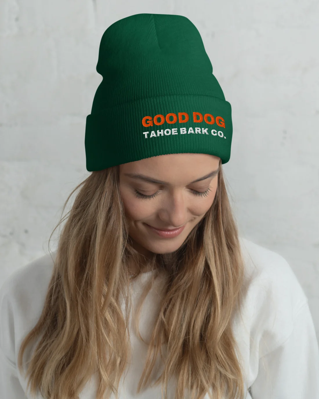 The Good Dog design on a beanie, worn by a model.