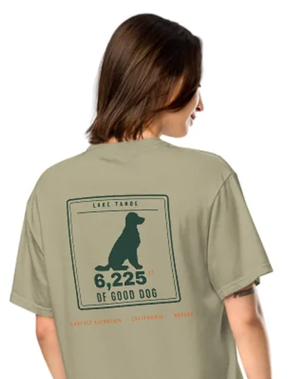 The 6,225 FT of Good Dog design on a tee, worn by a model, from the back.