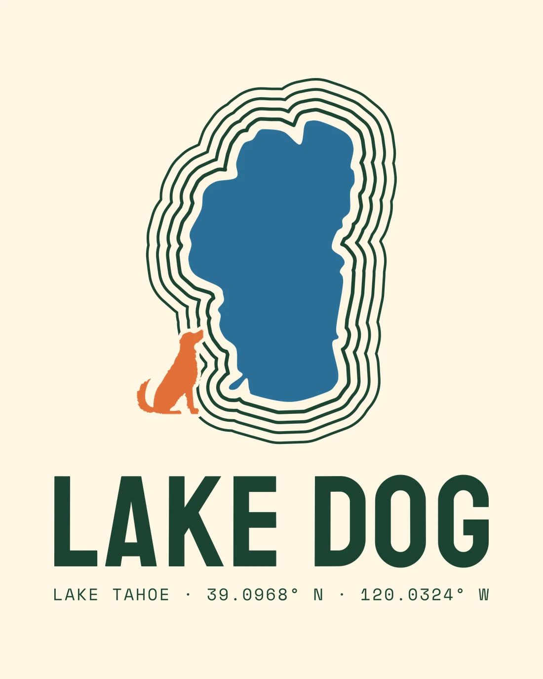 Lake Dog as printed on the back of the crewneck: Lake Tahoe in blue inside contour rings, an orange dog sitting on the shore, LAKE DOG and the coordinates beneath, on Sandshell