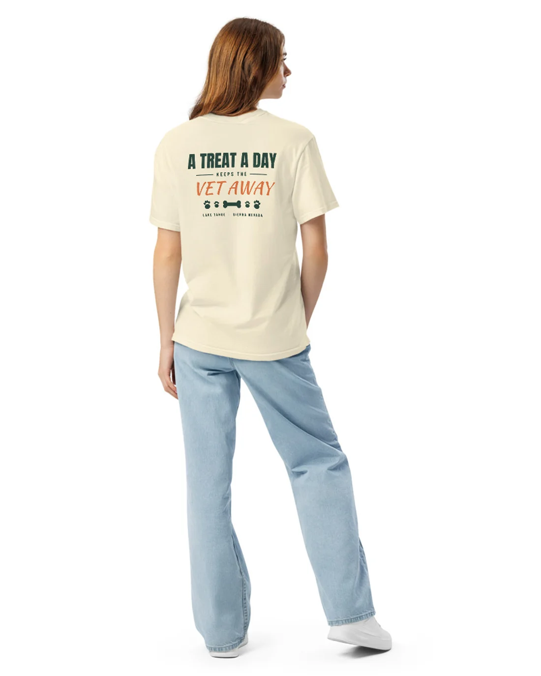 The back of the A Treat A Day tee, worn by a second model.