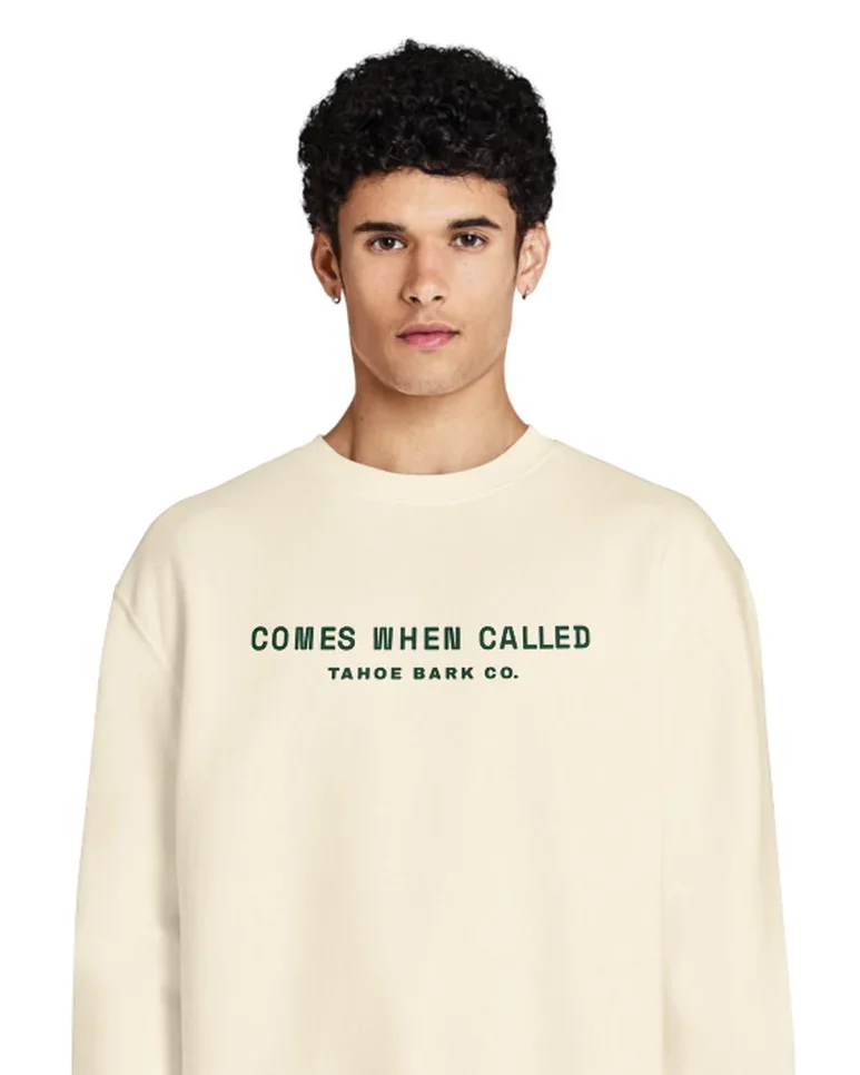 The Comes When Called design on a crewneck, worn by a model.