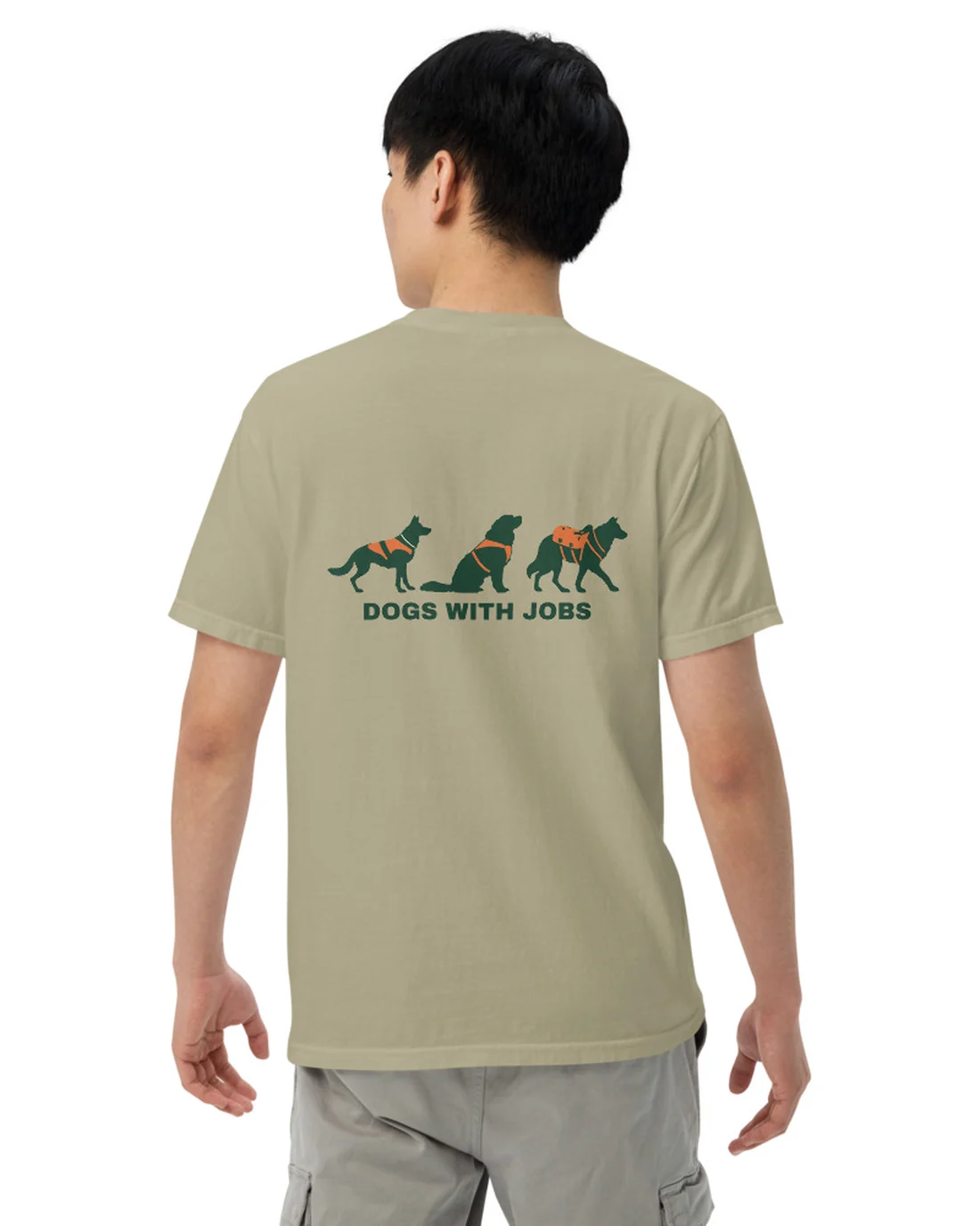 The Dogs With Jobs design on a tee, worn by a model, from the back.