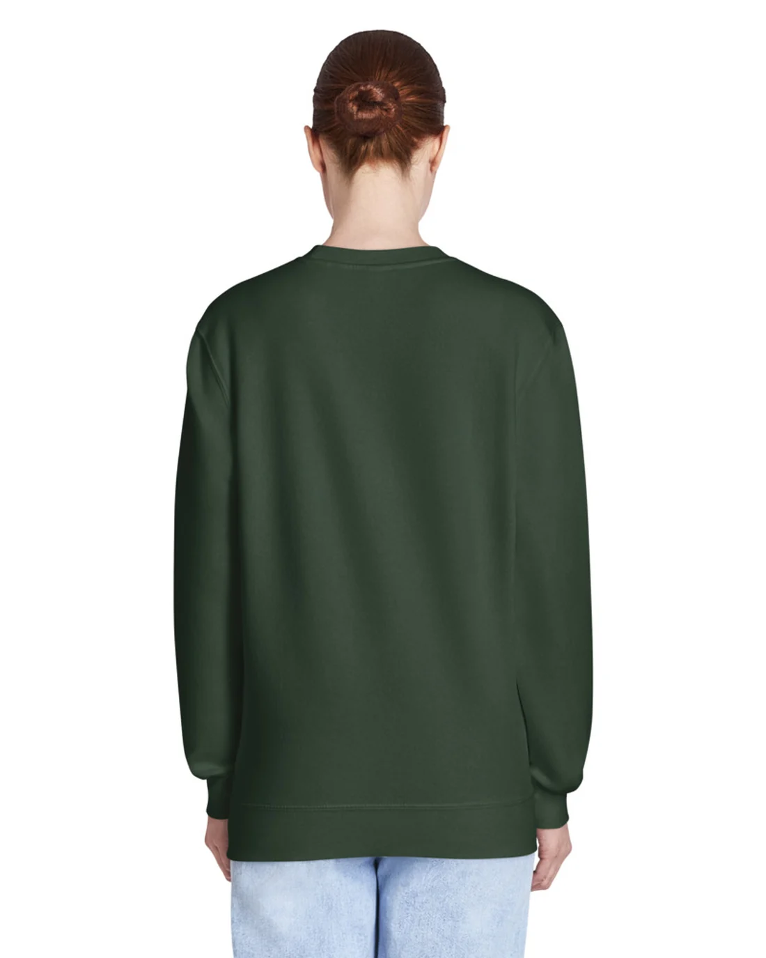 The plain back of the Dept. of Unsolicited Greetings crewneck, worn by a model.