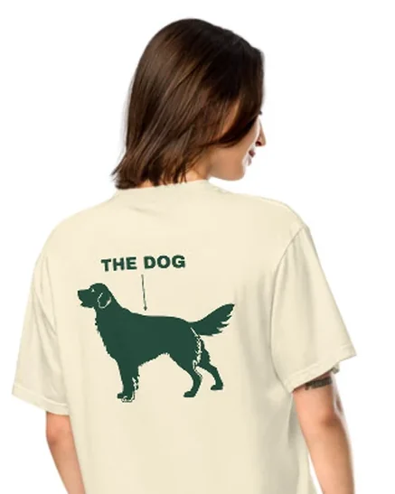 The Dog design on a tee, worn by a model, from the back.