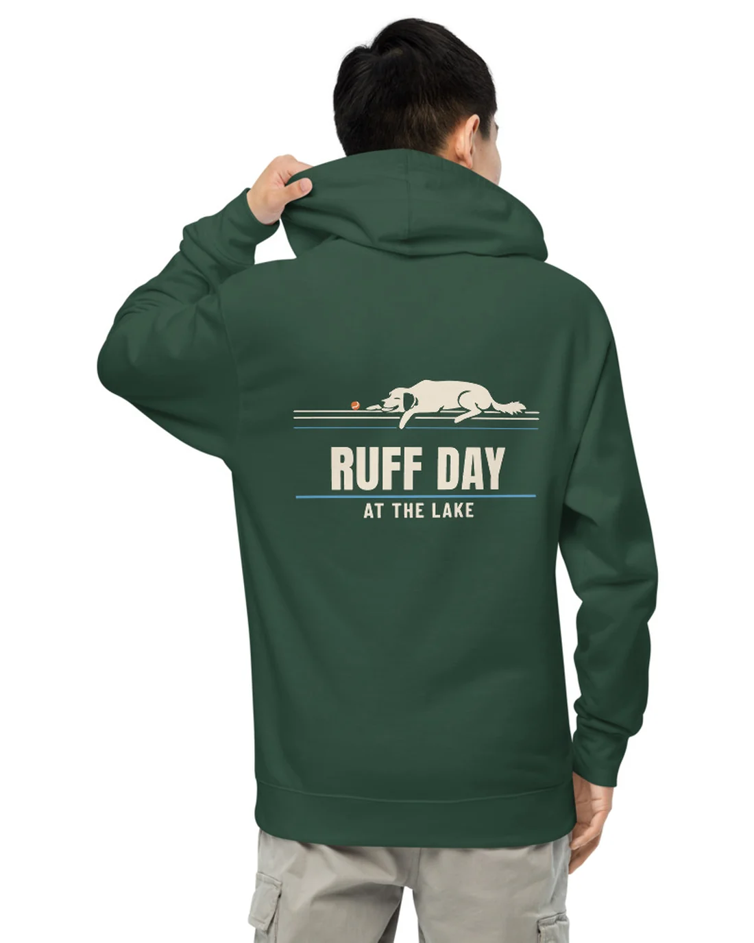 The back of the Ruff Day at the Lake hoodie, worn by a second model.