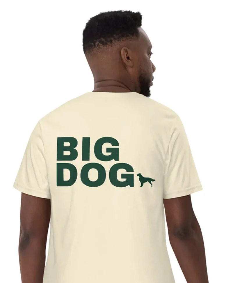 The Big Dog design on a tee, worn by a model, from the back.
