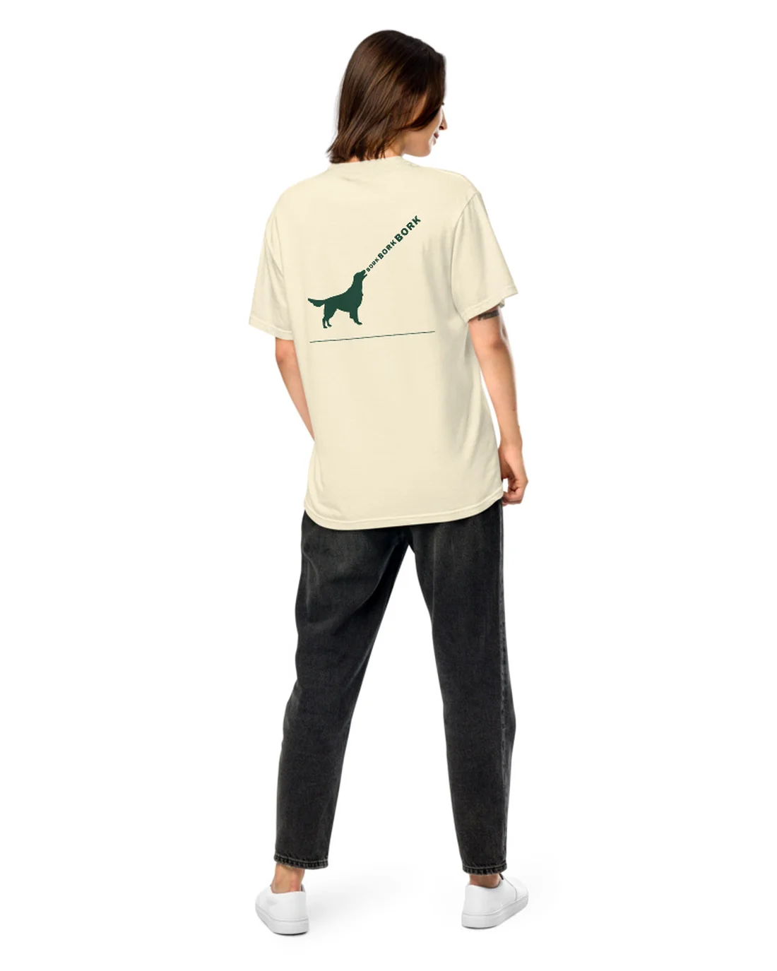 The Bork Bork Bork design on a tee, worn by a model, from the back.