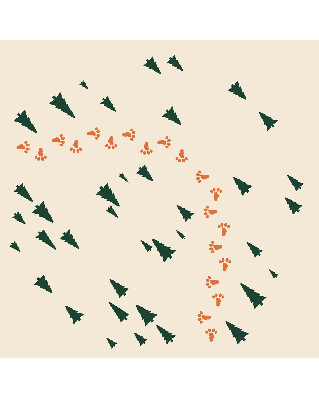 Paws and Pines: a trail of orange paw prints walking between pine green trees on cream