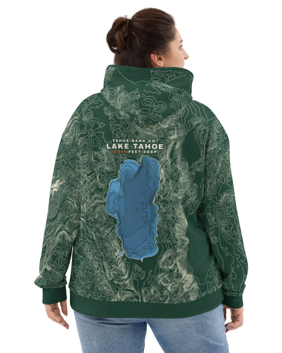 The 1,645 Feet Deep design on a hoodie, worn by a model, from the back.