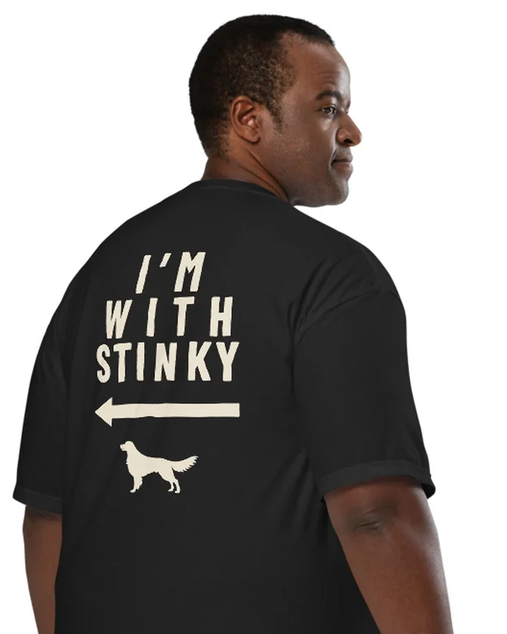 The I'm With Stinky design on a tee, worn by a model, from the back.