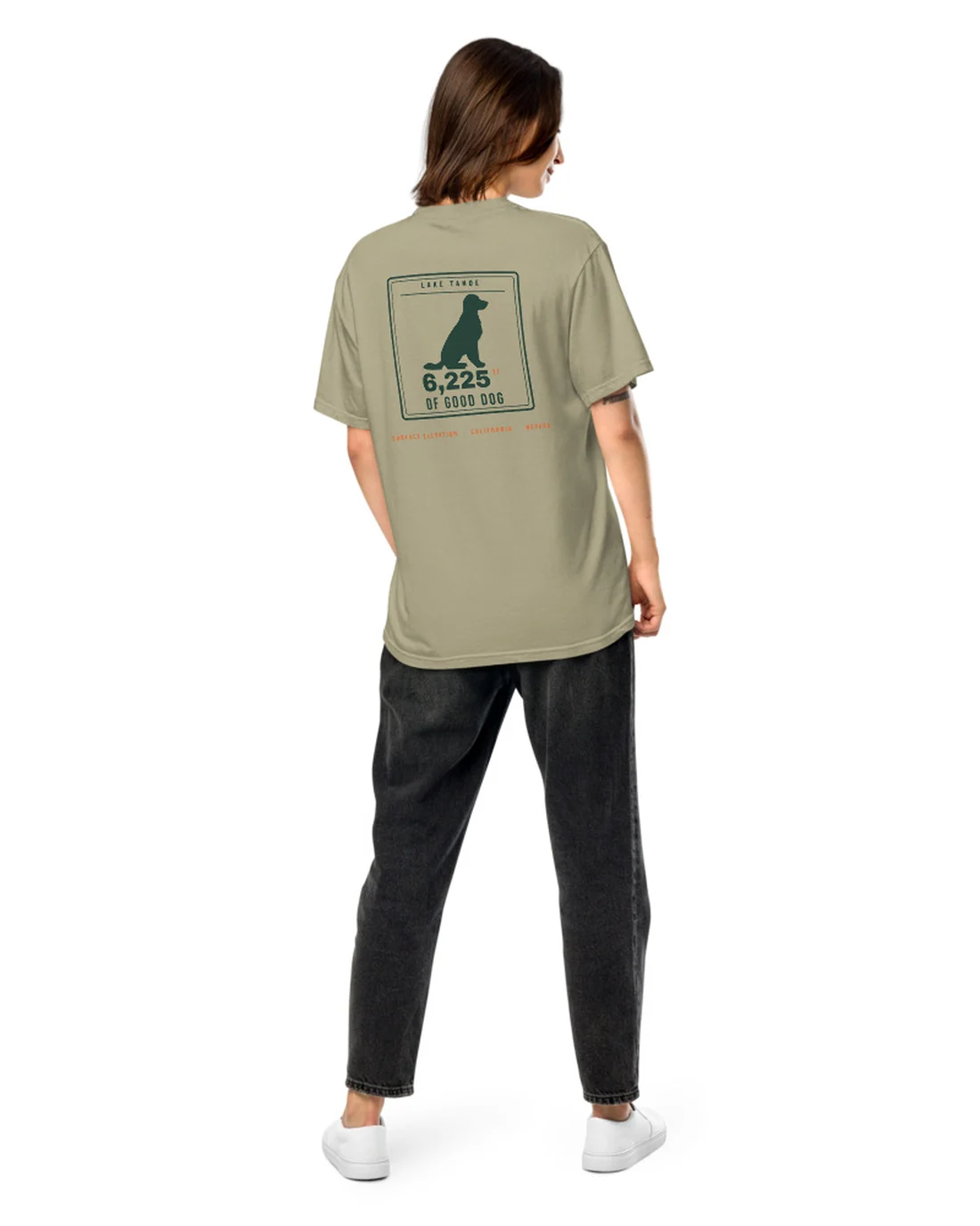 The 6,225 FT of Good Dog design on a tee, worn by a model, from the back.