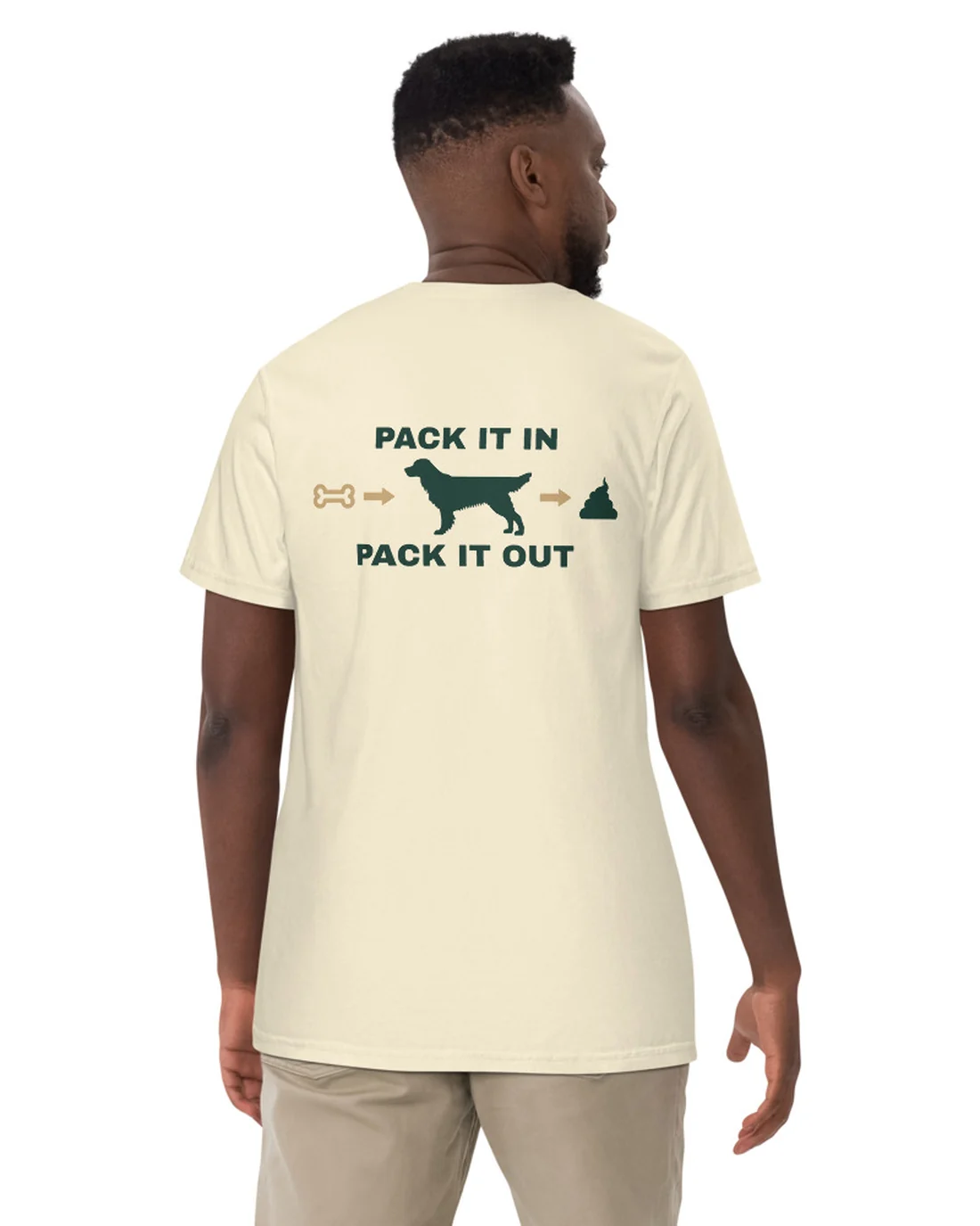 The back of the Pack It In, Pack It Out tee, worn by a second model.